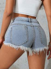 SHEIN PETITE 夏季休閒水洗磨損牛仔短褲 - 淺色水洗藍 - 查看 2