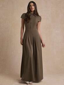 Enchnt Gaun Wanita Elegan Berwarna Polos - Coklat tua - View 5