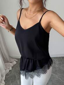 SHEIN Damen-Camisole Einfarbig mit kontrastierender Spitze und asymmetrischem Saum - Schwarz - Übersicht 9