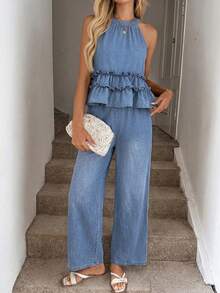 Easowa Damen-Neckholder-Top mit Rüschensaum und Hose, lässiges Denim-Set - Schwarz - Übersicht 8