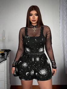 Whyspr Plus Size Casual Gothic Style Skull Print Jumpsuit Comfortable Casual Overall Shorts Spring Summer - Black - View 4