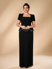 Serin Plus Size Elegant Formal Fashion Black Elastic Knit Vintage Stand Collar Puff Sleeve Petal Hem Rhinestone Back Slit Bodycon Straight Long Gown - Black - View 5