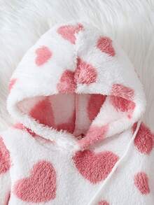 SHEIN Vintaside Kids 嬰兒毛絨套裝，加厚珊瑚絨連帽套裝附袋，可愛粉色與白色條紋愛心設計，秋冬家庭親子搭配校園風 - 白色 - 查看 9