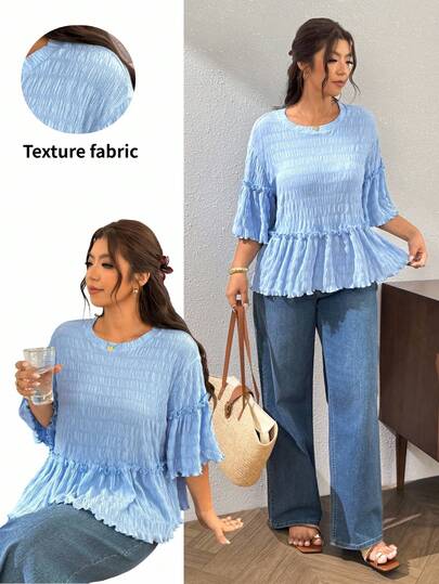 Lounesse Áo thun size lớn màu trơn dáng rộng phối bèo nhún
