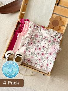 SHEIN Vintaside Kids Baby Sleeveless T-Shirt With Ruffle Sleeve, 4 Colors Available, Solid Color & Cute Print, Comfortable Summer Top For Infants - Pink - View 4