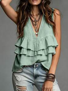 Trelyra Nueva Camiseta sin Mangas de Verano Color Caqui para Mujer Elegante Casual Minimalista Top de Vacaciones de Playa - verde menta - Ver 5