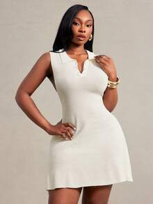Radiana Plus Size Women's Autumn Fashion Casual Sexy Elegant Minimalist Basic French Style Polo Collar A-Line Knit Mini Sweater Dress Beige - Apricot - View 1