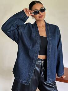 Dazy Plus Commuter Office Summer Cotton Blue Tie-Front Cross Neck Long Sleeve Spring Summer Autumn Blogger Casual Plus Size Women's Denim Top - Dark Wash - View 5