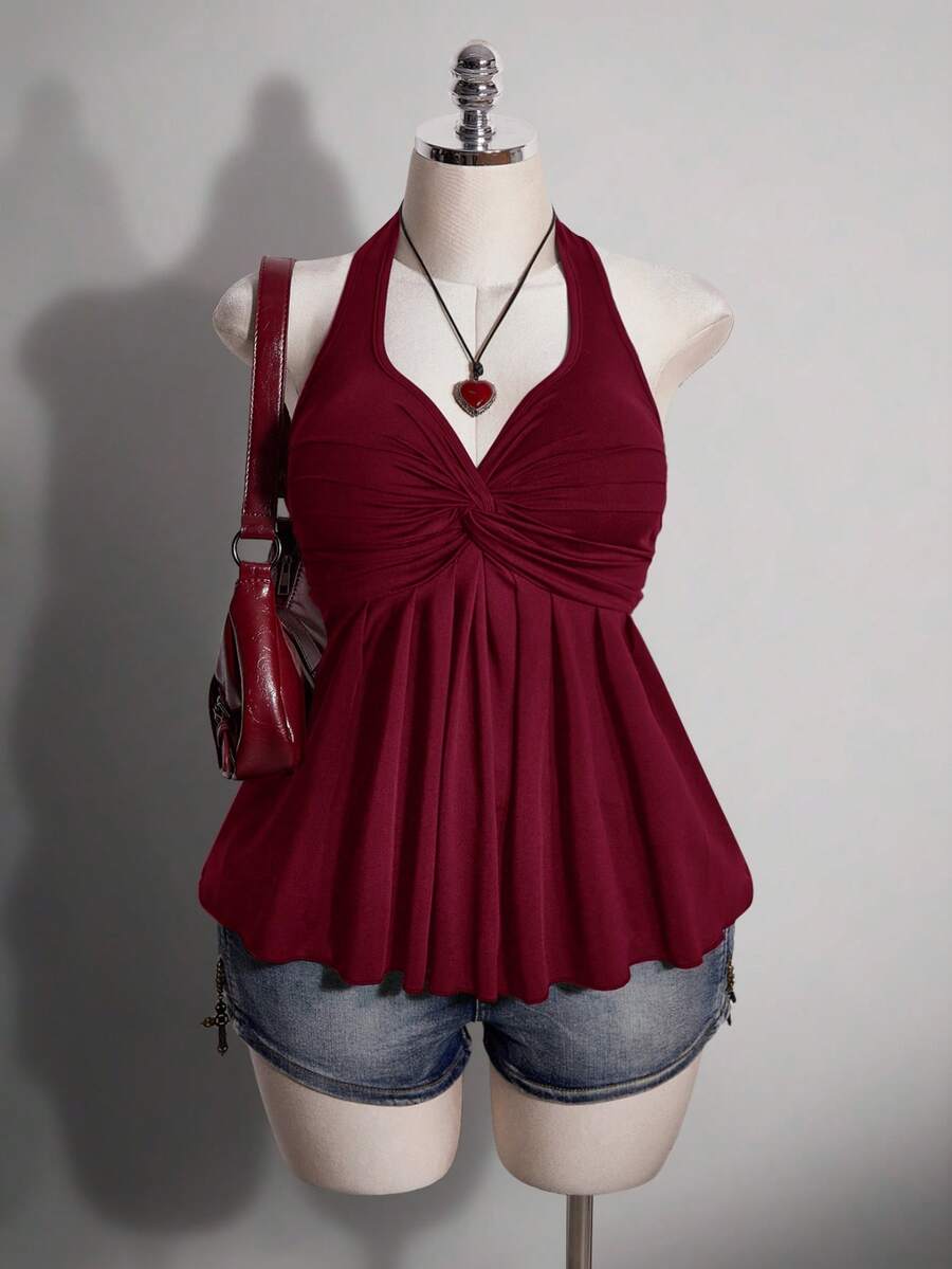 SHEIN ICON 女款大尺碼春夏復古性感極簡休閒時尚個性現代都市通勤上班雞尾酒會 Y2K 心形領口酒紅色 - 酒紅色 - 查看 1