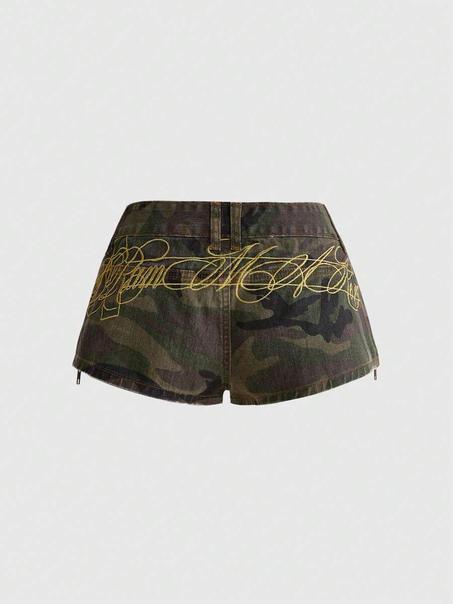 ROMWE Street Life Summer Street Punk Camouflage Colorblock Slogan Embroidered Mini Denim Shorts - Multicolor - View 1