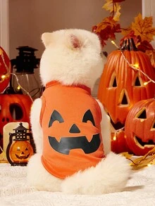 2pcs Pet Cat Dog Universal Halloween Orange Pumpkin Funny Expression Pattern Print Fashionable Breathable Comfortable Dog Vest, PETSIN Original Design - Multicolor - View 4