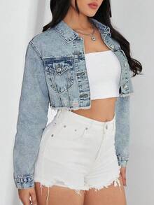 SHEIN EZwear 女款長袖破洞單排扣原邊短版牛仔夾克 - 淺色水洗藍 - 查看 5