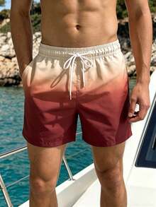 Azuldrift 夏季男士大尺碼漸層抽繩休閒沙灘短褲，度假夏威夷熱帶泳褲，適合度假、約會、情侶穿搭 - 酒紅色 - 查看 5