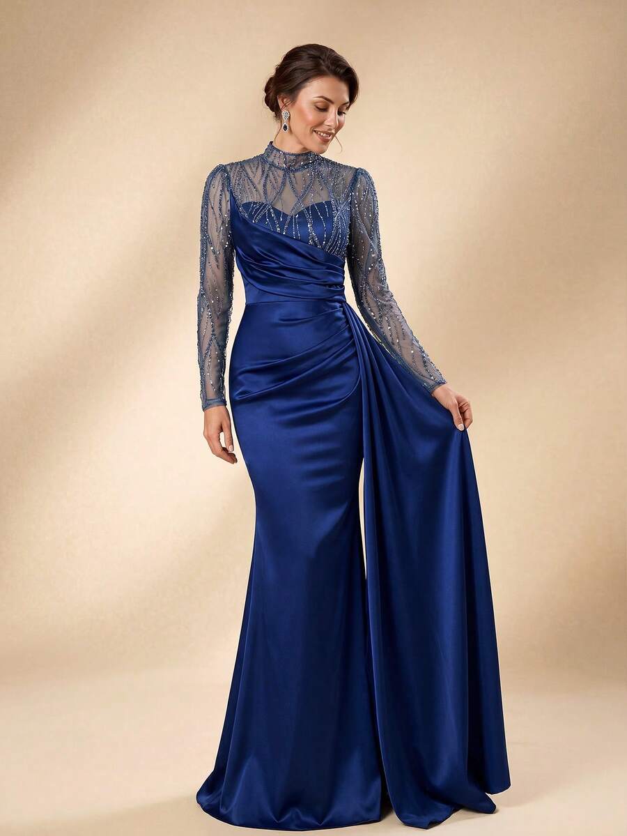 Serin Elegant Sequin Patchwork Satin Formal Evening Gown, Navy Blue (Heavily Embellished) Wedding Party