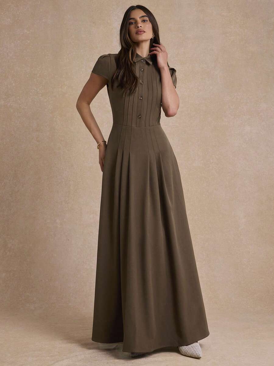 Enchnt 女款優雅法式純色連身裙 棕色系 夏季早午餐茶會穿搭