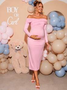 Loomaby Maternity Solid Color One-Shoulder Ruched Casual Party & Travel Dress,Gender Reveal Dress,Maternity Dress,Baby Shower Dress,Party,Wedding,Birthday - Pink - View 11