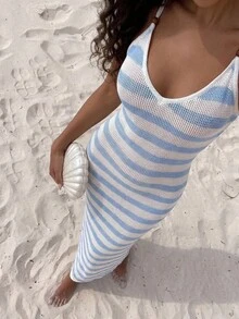 SHEIN 女士春夏新款针织钩编露背条纹波西米亚风连衣裙，优雅假日连衣裙，夏季女装，音乐节狂欢装，乡村音乐节装，女士夏季连衣裙，女士连衣裙，女士夏季套装，秋冬季假日波西米亚风 - 藍白色 - 查看 7