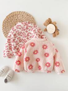 SHEIN Babygirl Autumn/Winter Cute Versatile Casual Fluffy Leopard Print Stand Collar Jacket 2pcs Set - Pink - View 2