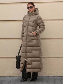 CLARA VERO Women Solid Color Zipper And Pocket Detailed Long Winter Coats - Beige - View 7