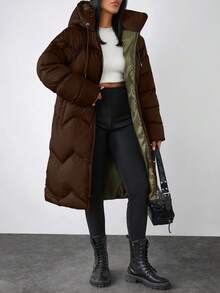 EURMUSE Hooded Puffer Jacket, Zip Front, Drawstring, Quilted, Side Pockets, Lightweight & Warm - Brown - View 4