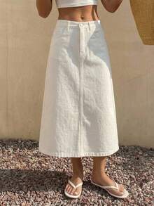 DAZY Solid Color Slit Pocket Women Straight Long Casual Denim Skirt Jeans Skirt - White - View 13