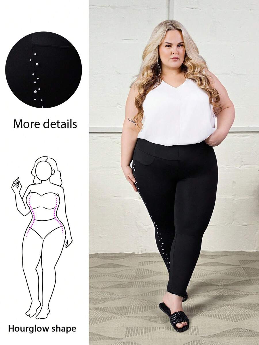 Hourglow Celana Panjang Slim Fit Ukuran Plus dengan Garis Samping Hitam dan Mutiara Putih, untuk Bentuk Tubuh Jam Pasir - Hitam - View 1
