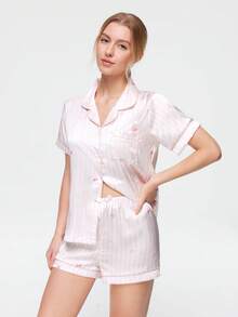 Bonmuse 夏季奢华条纹印花纽扣前袋蝴蝶结短袖上衣和短裤睡衣套装，可爱女士家居服套装，秋季 - 淺粉色 - 查看 6