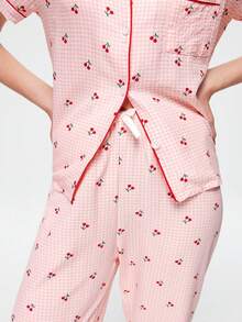 Bonmuse 3pcs Set Cherry Print Plaid Short Sleeve Shirt With Long & Shorts, Women Spring/Summer Pajamas & Loungewear Set, Suitable For Home Use - Pink - View 8