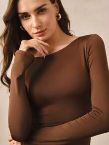 Hourtrue New Solid Color Slim Fit Elegant Long Sleeve Nightgown, High-Quality Sleepwear For Women, Autumn/Winter - Brown - View 5