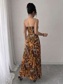 Elenzga Strapless Shirred Waist Pleated All-Over Print Dress - Yellow - View 2