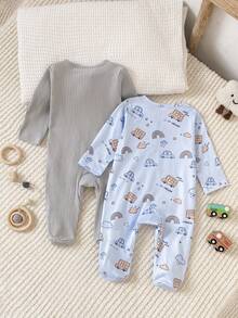 SHEIN Vintaside Kids 2件組新生兒居家服套裝，四季適用，灰色花卉羅紋棉布，可愛淺藍色汽車印花連身包屁衣 - 藍色 - 查看 2