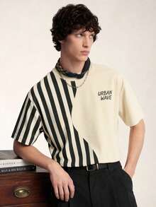 Limitiso Men's Minimalist Striped Print Colorblock T-Shirt, British Style - Beige - View 5