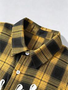 ROMWE MEN Paul Frank X ROMWE 男士夏季休閒字母印花格紋襯衫 - 黃色 - 查看 5
