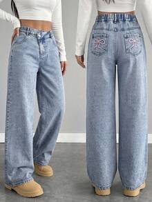 SHEIN Girls' Denim Jeans Y2K Style, Light Blue Vintage Wash, Featuring Bow Embroidery On The Back Pockets; Stylish And Versatile. - Light Wash - View 9