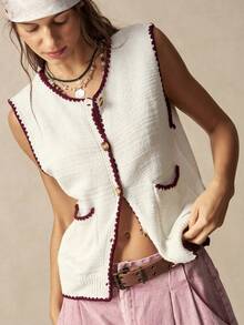 Bohemela Damen Stricktop mit Buchstabenmuster, romantisch, retro, Schul-Date, Schulanfang, Y2K, Country-Festival-Outfit, Weiß und Rosa, Herbst - Aprikosenfarben - Übersicht 6