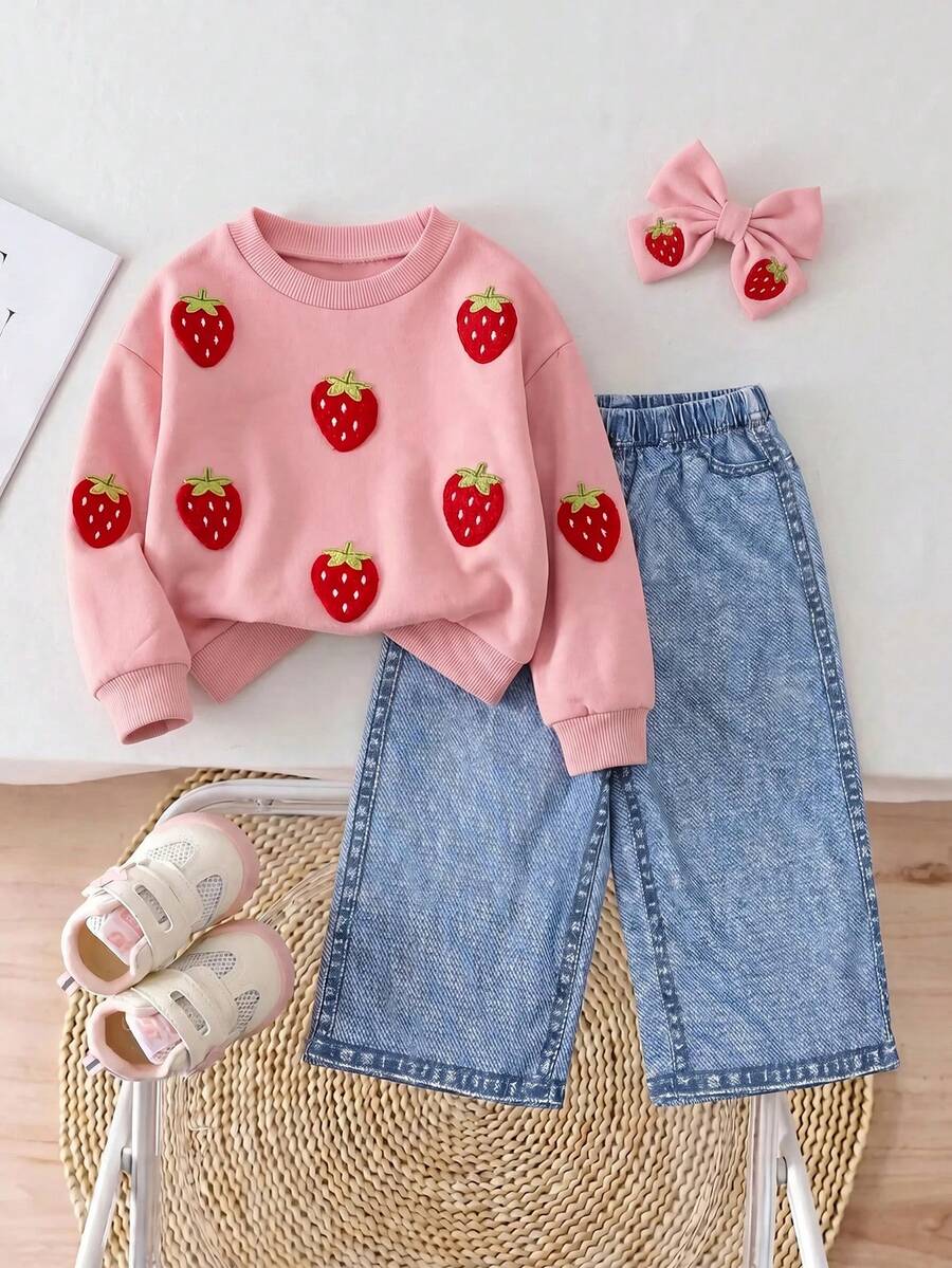 SHEIN Baby Girl Round Neck Strawberry Pattern Long Sleeve Sweatshirt And Pants Casual Daily Outfit - Pink - View 1