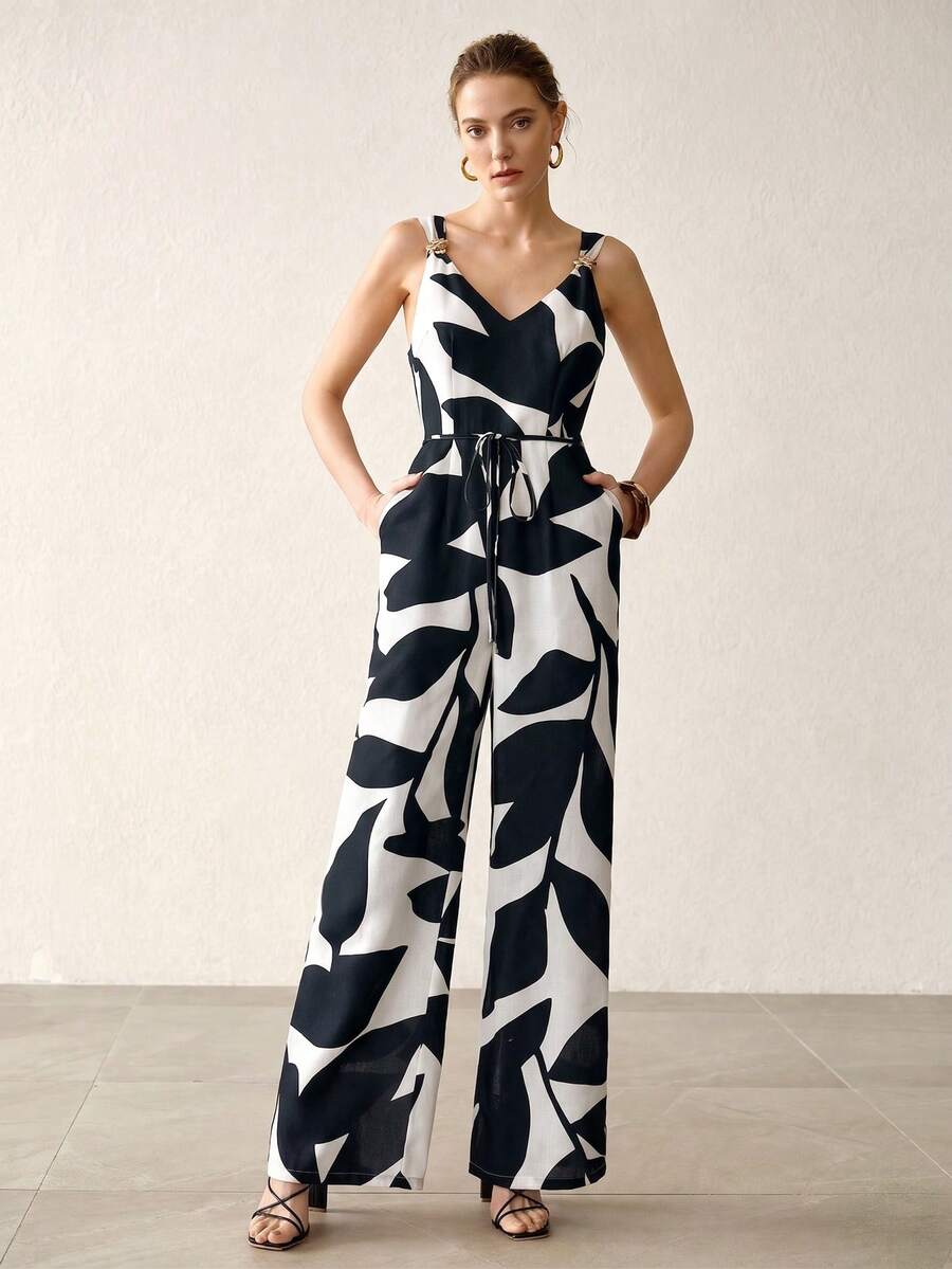 MOTF PREMIUM MONO ELEGANTE CASUAL DE VACACIONES CON CINTURÓN DE LINO SINTÉTICO - Blanco y Negro - Ver 1