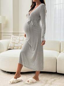 Slowluna Maternity Solid Color Overlap V-Neck Long Sleeve Waist Tie Nursing Dress Fall - Grey - View 5