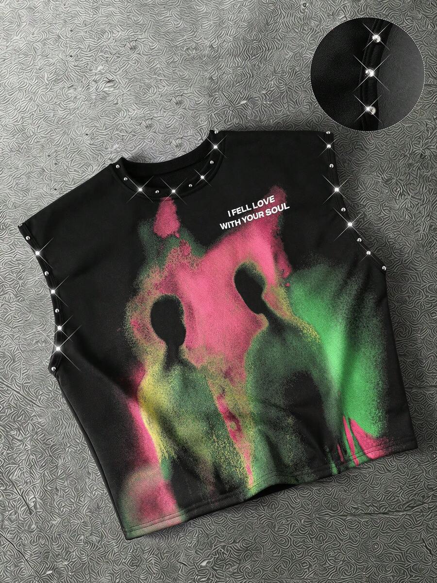ROMWE MEN Street Life Camiseta sin mangas holgada para hombre con estampado de retrato difuminado y decoración de remaches - Negro - Ver 1