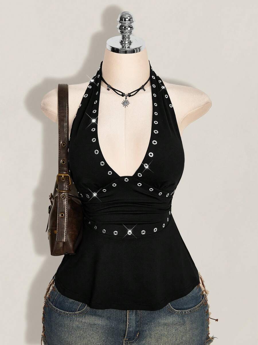 SHEIN ICON 萬聖節女款掛脖露背黑色娃娃裝背心 - 黑色 - 查看 1