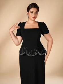 Serin Plus Size Elegant Formal Fashion Black Elastic Knit Vintage Stand Collar Puff Sleeve Petal Hem Rhinestone Back Slit Bodycon Straight Long Gown - Black - View 3