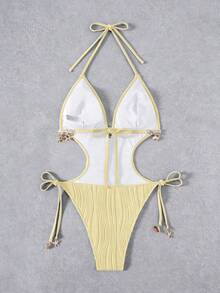 Swim Vcay Women's Solid Color Wavy Pattern Spaghetti Strap Back Knot Front Shell Chain Decor One-Piece Swimsuit - Pale Yellow - View 2
