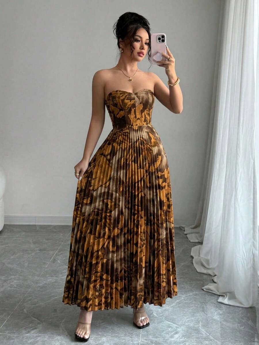 Elenzga Strapless Shirred Waist Pleated All-Over Print Dress - Yellow - View 1