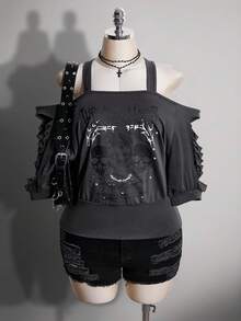 SHEIN ICON 大尺碼女款字母骷髏印花休閒百搭日常穿搭T恤 - 深灰色 - 查看 10