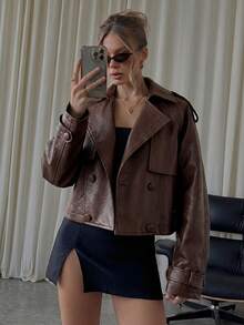 SHEIN BAE 女款秋冬落肩鈕扣短款風衣外套 深棕色 街頭風 夜店/夜生活穿搭 - 咖啡棕 - 查看 7