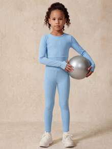 SHEIN 2pcs/Set Young Girl Sports Casual Top And Pants - Blue - View 3