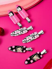 Betty Boop x SHEIN 6入組卡通角色與字母圖案防皺髮夾，不留痕跡，適合洗臉、化妝、護膚使用 - 彩色 - 查看 5