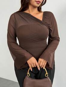 Firerie Plus Size Women's Solid Color Asymmetric Collar Bell Sleeve Fashion Brown Top For Women Elegant Office Business Work Top Elegant Graduation Top Women - Coffee Brown - View 7