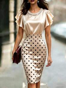 Balvessa Women's French Neckline Pearl Satin Champagne Dress, Ruffled Cuffs, Polka Dot Print, Slim Design . - Champagne - View 1