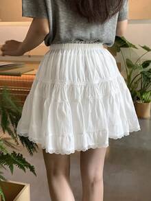 DAZY Women's Solid Color Contrast Lace Ruffle Hem Skirt - White - View 6